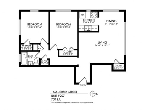 A black and white image of a floor plan for a 1465 Jersey Street unit.